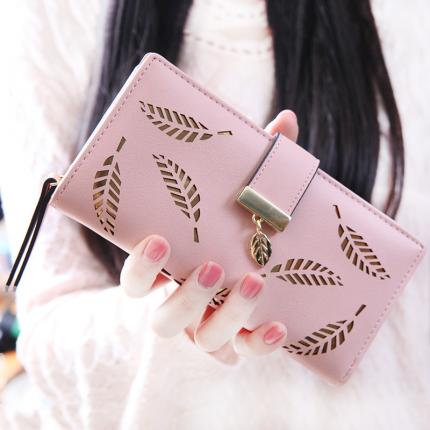 新款韩版女士钱包长款时尚手拿包镂空树叶拉链搭扣钱包卡包
