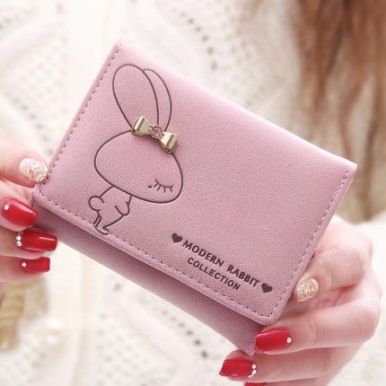 新款短款钱包韩版新款可爱兔磨砂搭扣学生包盖式三折零钱包